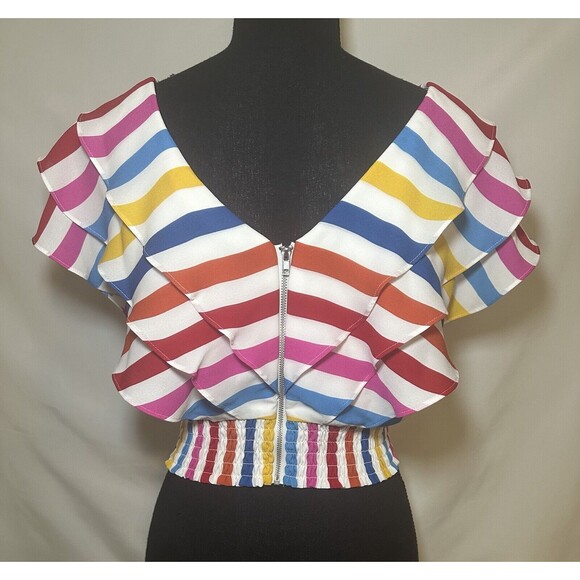 COLOR ME COURTNEY Holly Ruffle Colorful Rainbow Crop Top 4 - Picture 5 of 12
